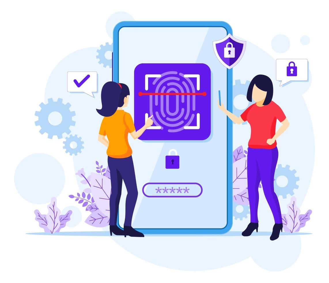 Fingerprint recognition technology concept, Women trying to access her mobile phone with biometric access control. Vector illustration