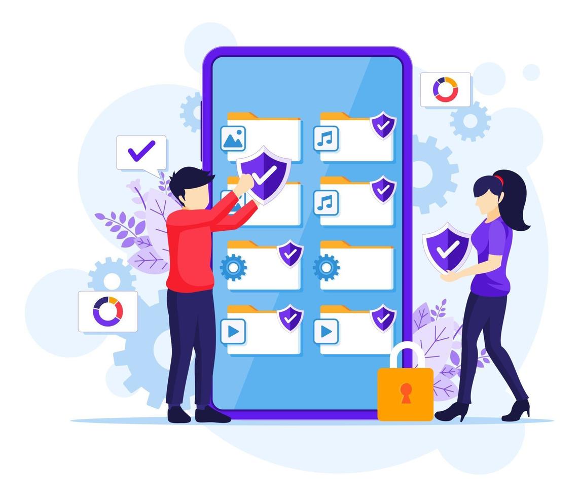 Data protection concept, people protecting data and files on a giant smartphone. Vector illustration