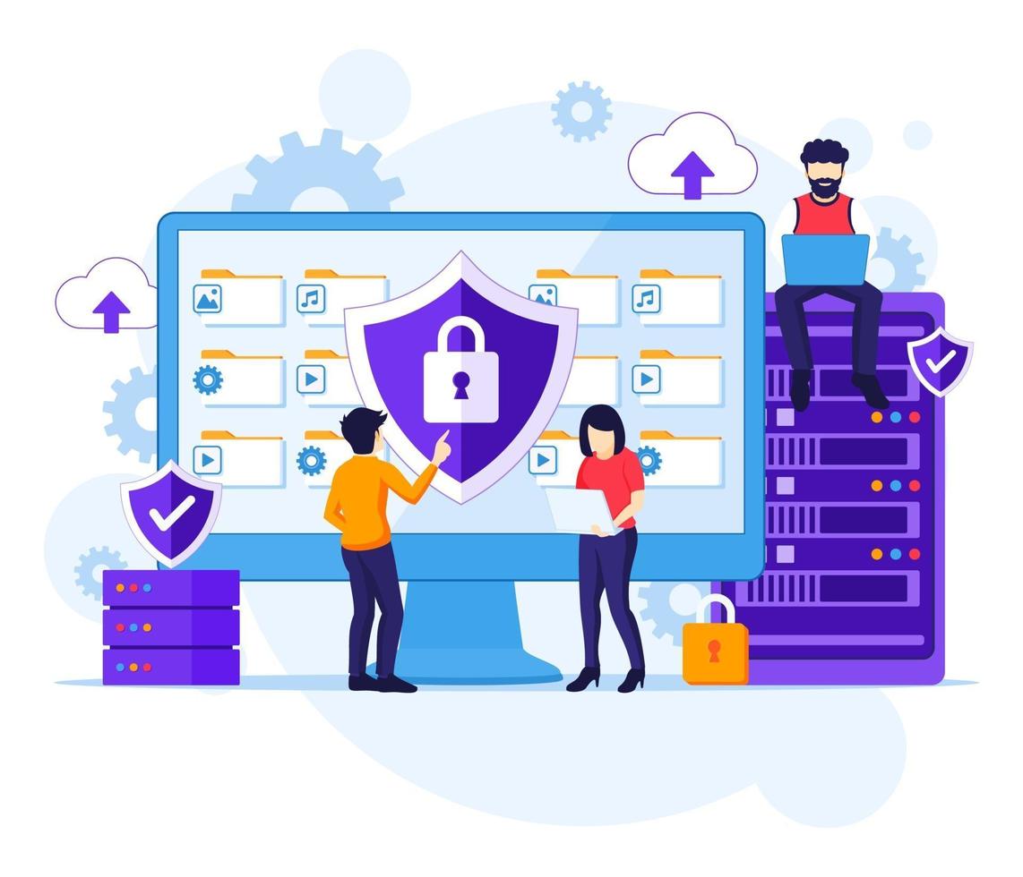 Data Security concept, People work on screen protecting data and files. Vector illustration