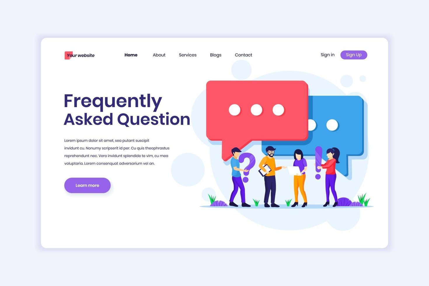 concepto de diseño de página de destino de preguntas frecuentes o concepto de preguntas frecuentes, personas con un símbolo de exclamación y signo de interrogación casi grande. ilustración vectorial vector