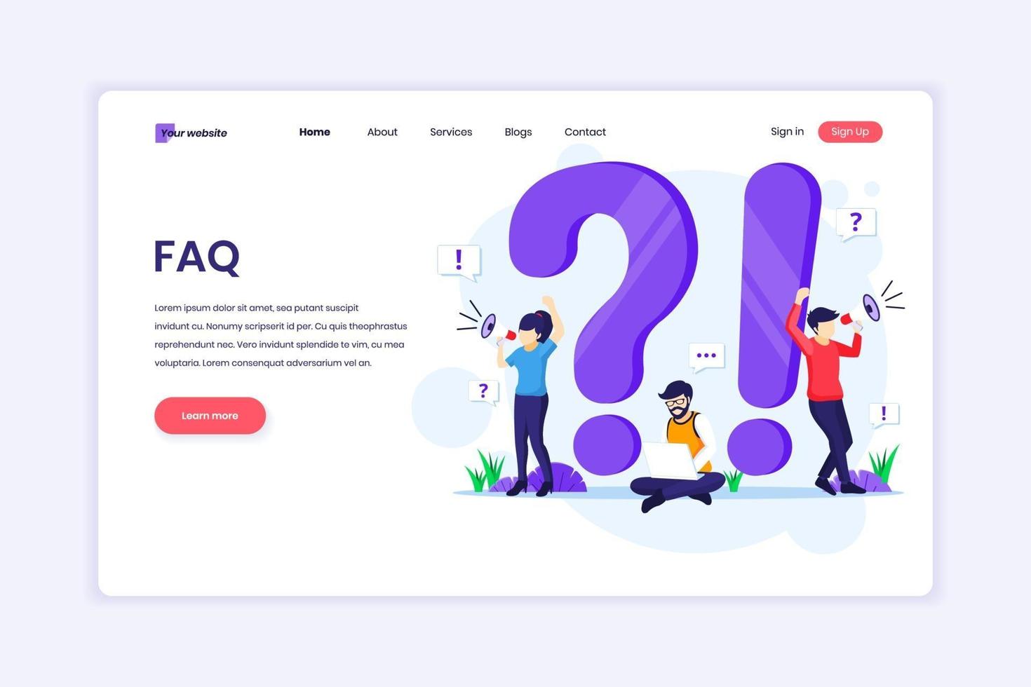Landing page design concept of Frequently Asked Question or FAQ concept with people work near big exclamation and question mark symbol. vector illustration