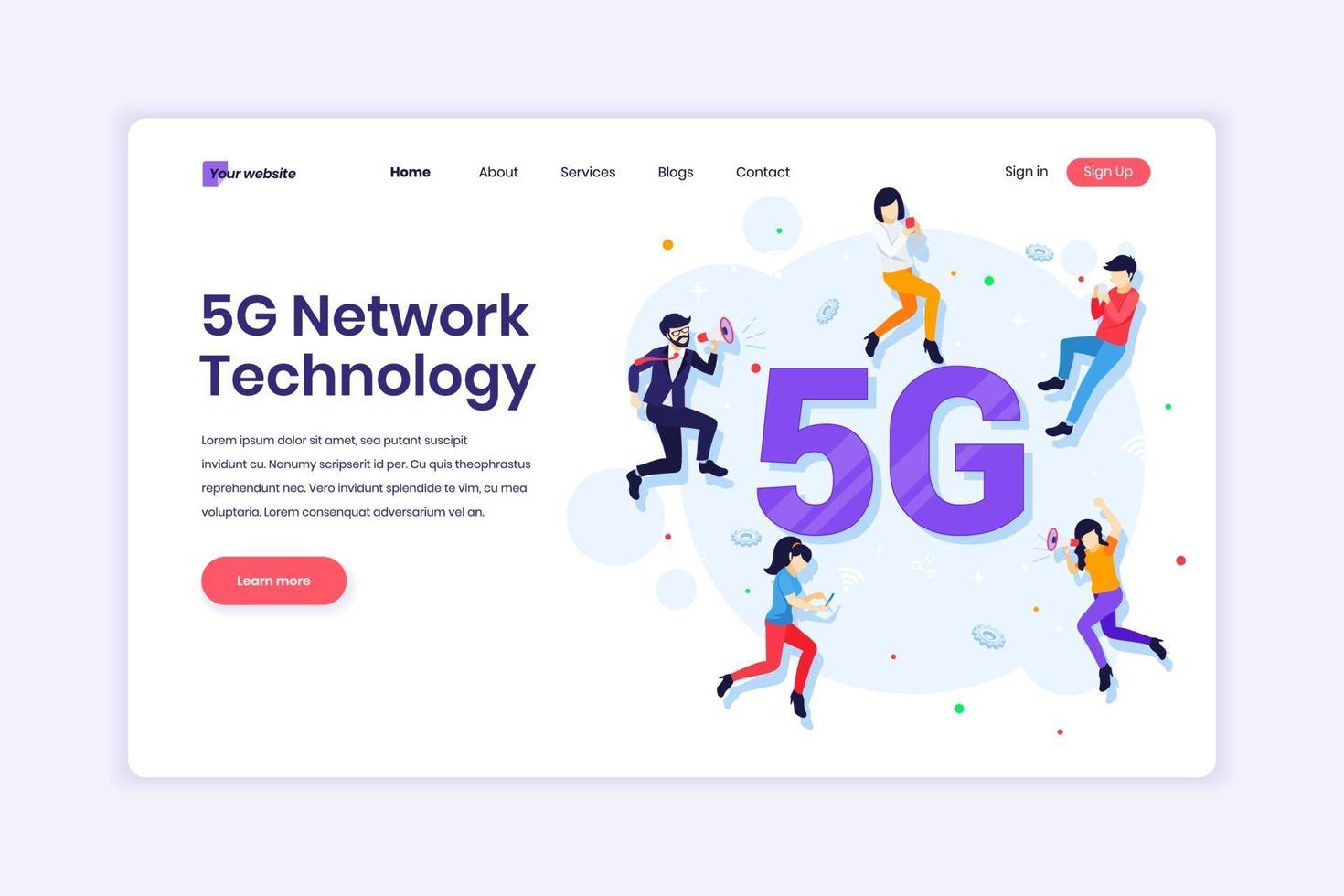 concepto de diseño de página de destino de la tecnología de red 5g. personas que utilizan una conexión inalámbrica de alta velocidad 5g. ilustración vectorial vector