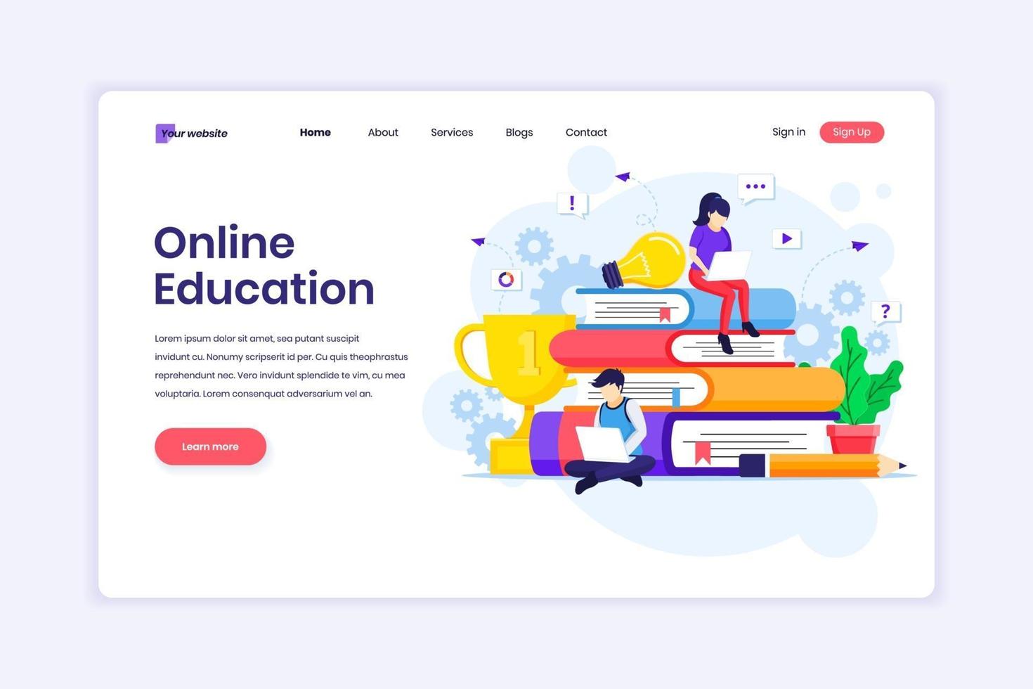 Landing page design concept of Online Learning, Webinar, and online education with characters. vector illustration