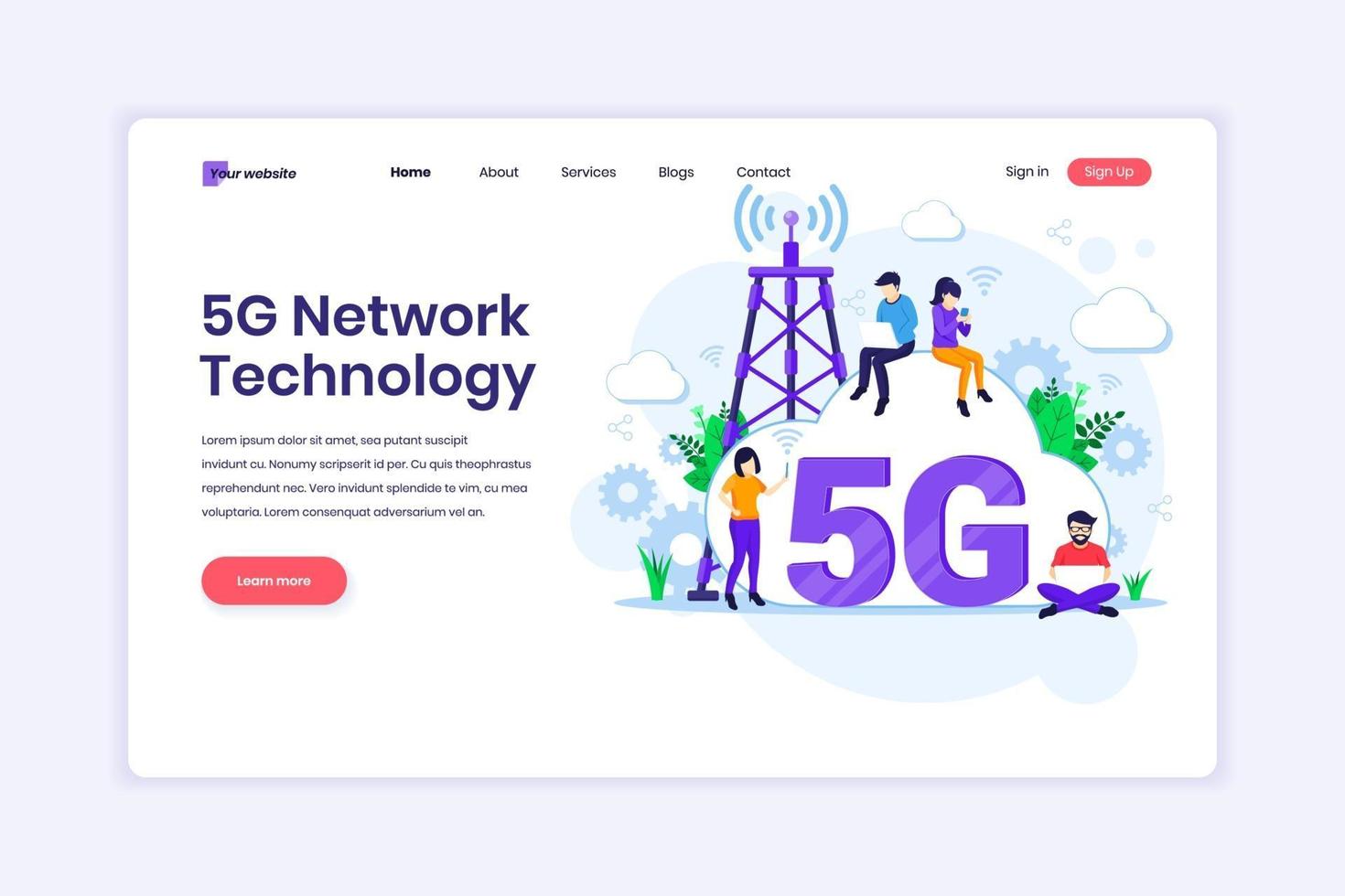 Landing page design concept of 5th Network Technology. People using High-speed wireless connection 5G. vector illustration