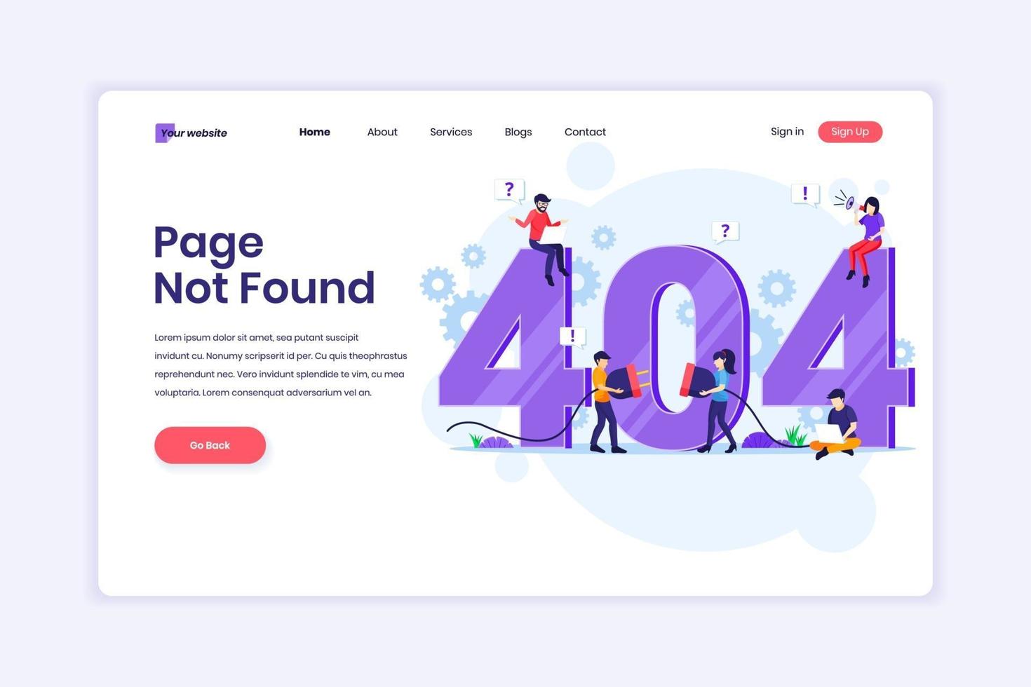 Landing page design concept of 404 error page not found with people trying to fix error on a web page near big symbol 404. vector illustration