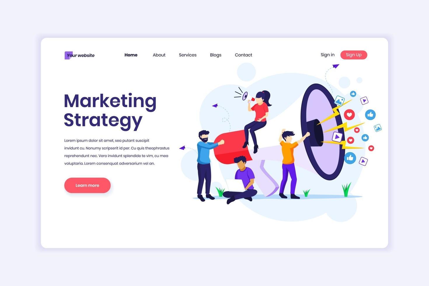 Landing page design concept of Marketing strategy campaign concept, people holding and shout on a giant megaphone. vector illustration