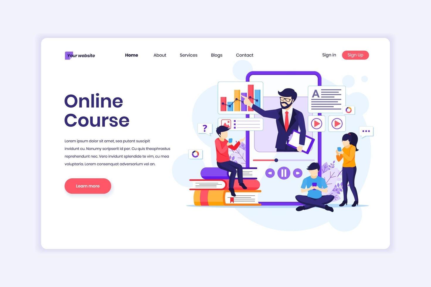 Landing page design concept of Online learning, Students learning online video courses on a giant smartphone. vector illustration
