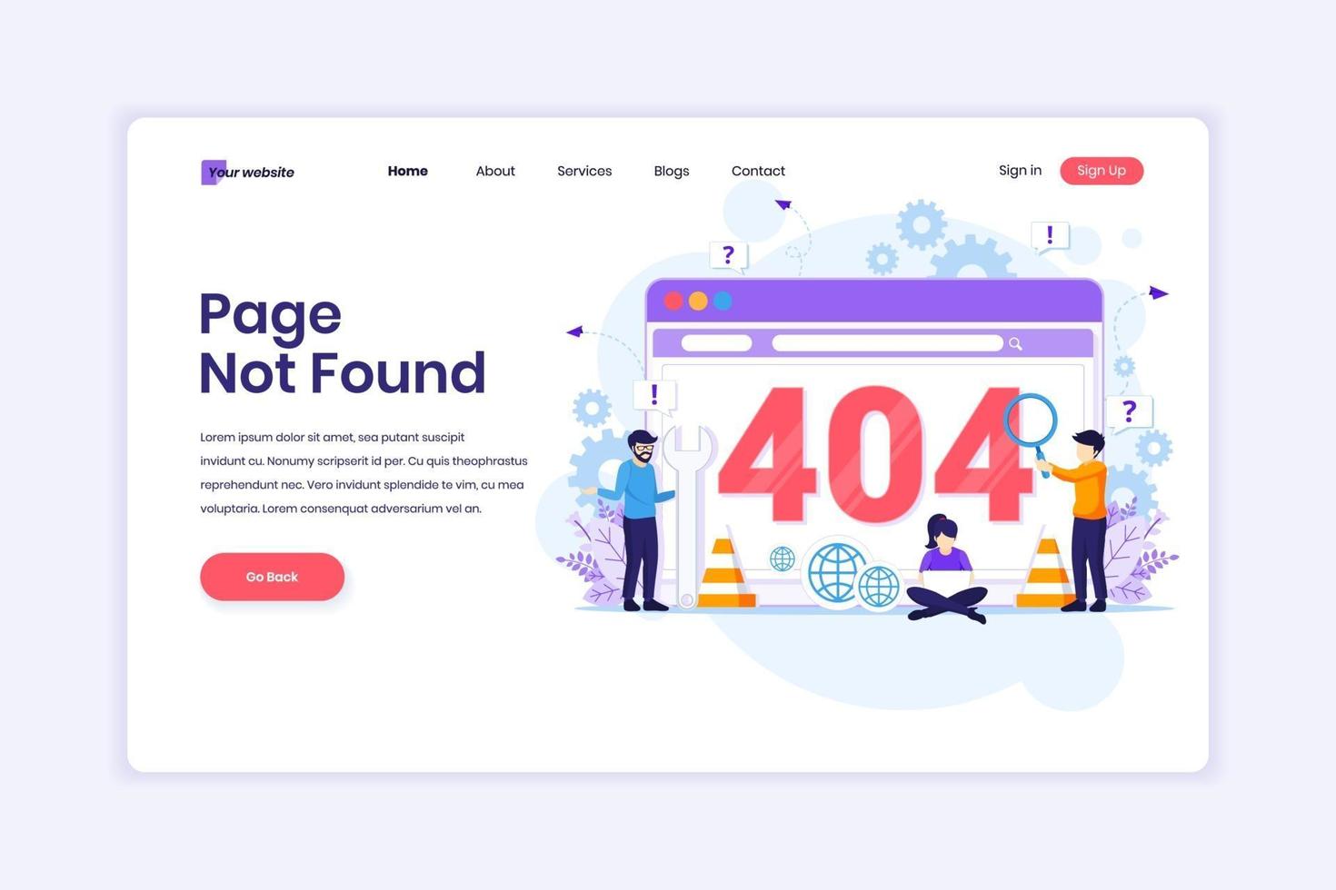 Landing page design concept of 404 error page not found with people trying to fix error on a web screen page. vector illustration