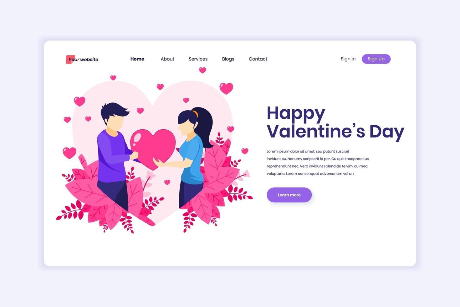 concepto de diseño de página de destino de la celebración del día de san valentín, un hombre expresa amor dándole un símbolo de corazón a una mujer. hombre y mujer en las relaciones. ilustración vectorial vector