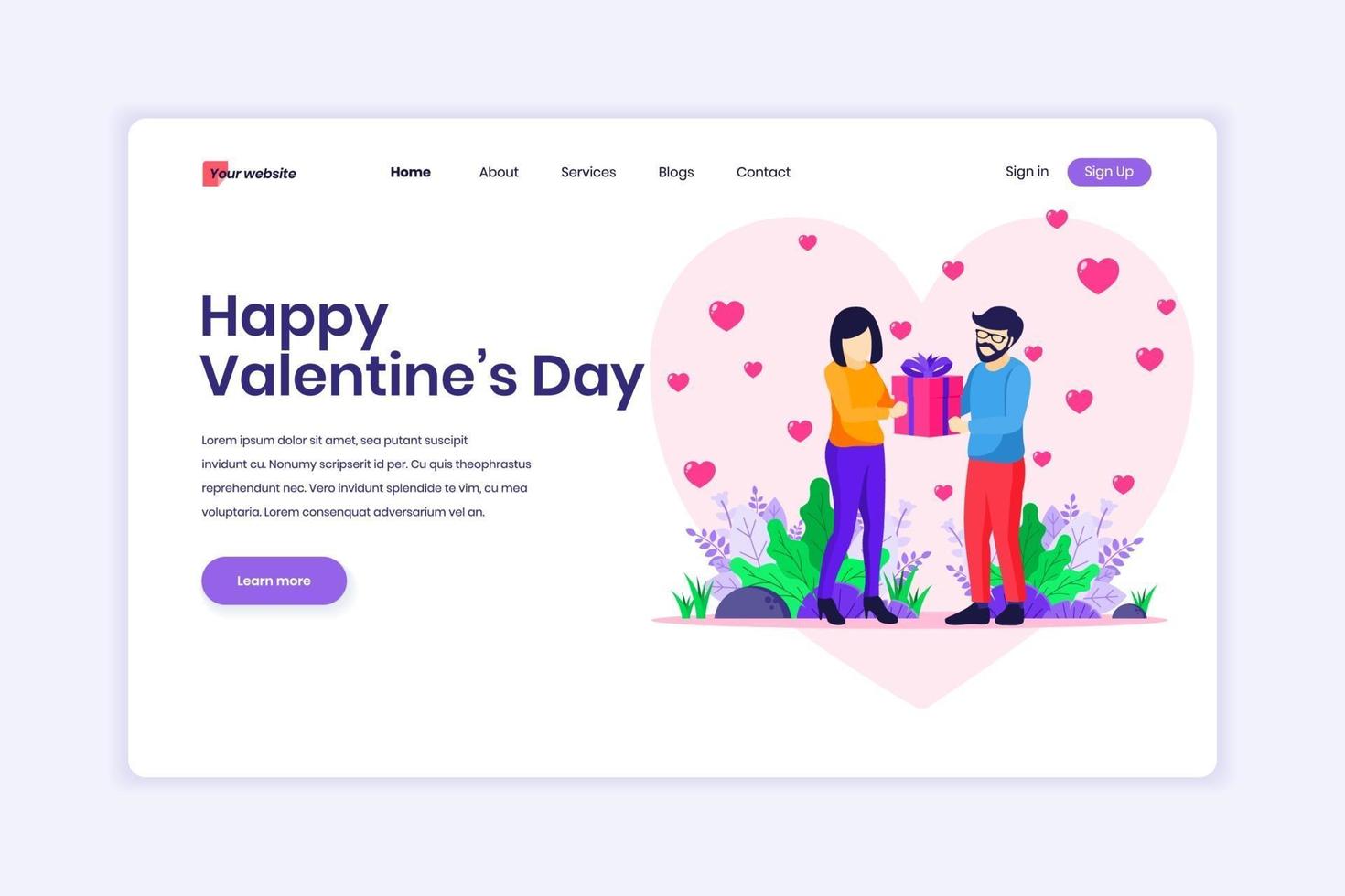 concepto de diseño de página de destino de la celebración del día de san valentín, un hombre expresa amor dándole un símbolo de corazón a una mujer. hombre y mujer en las relaciones. ilustración vectorial vector