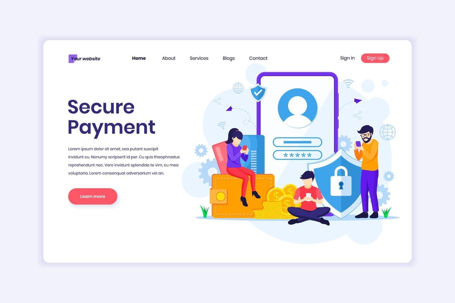 Landing page design concept of Secure payment or money transfer concept with characters. vector illustration