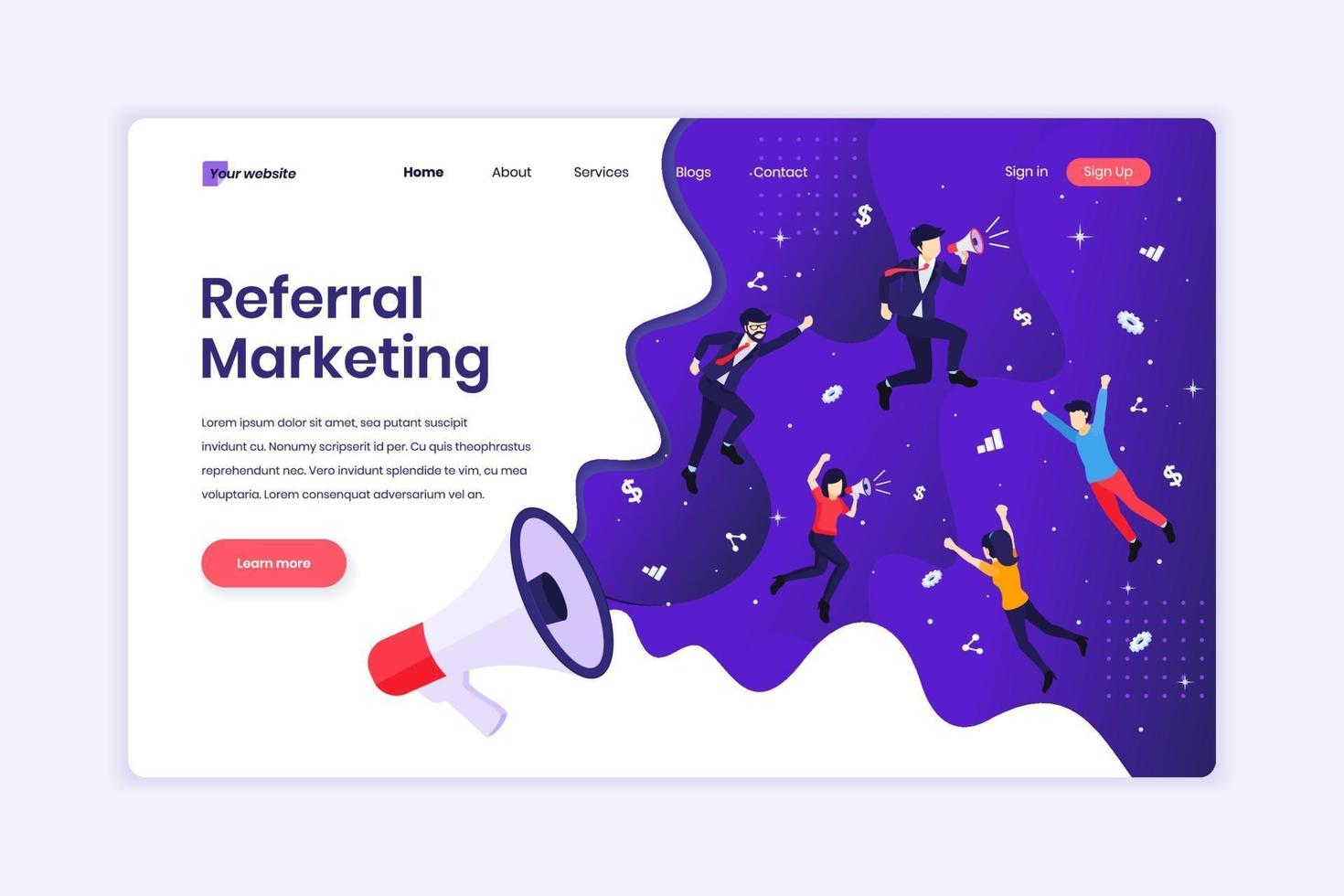 Landing page design concept of Referral marketing concept, refer a friend, promotion method with characters. vector illustration