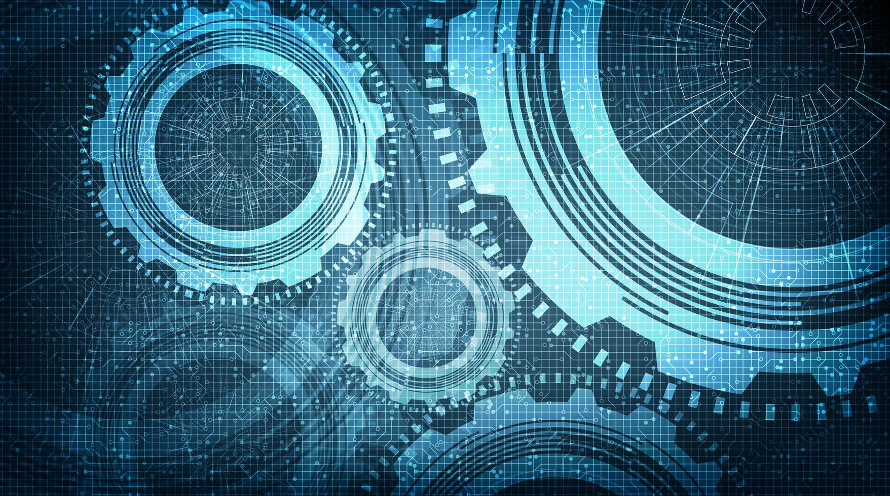 Rueda de engranajes de circuito y martillo sobre fondo de tecnología, vector