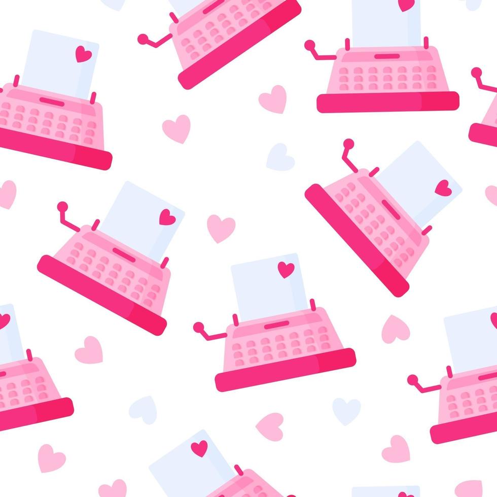 Seamless pattern of pink vintage typewriter with love message for the wedding or Valentine's Day. vector