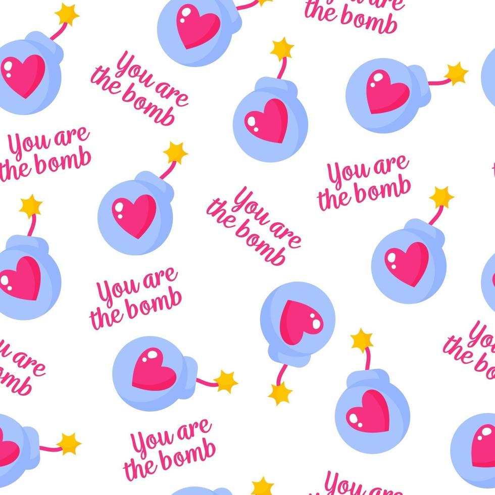 Seamless pattern of wick bomb with heart and inscription for the wedding or Valentine's Day. vector