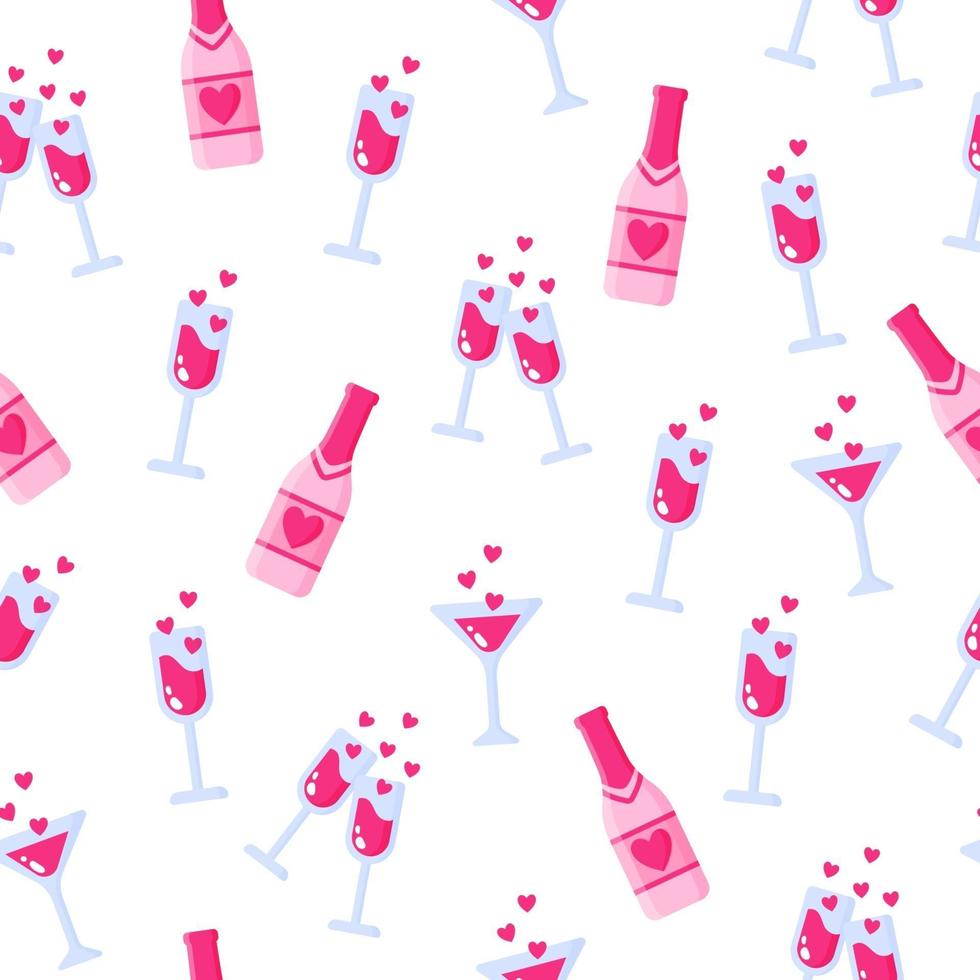 Seamless pattern of bottles of champagne and glasses for the wedding or Valentine's Day. vector