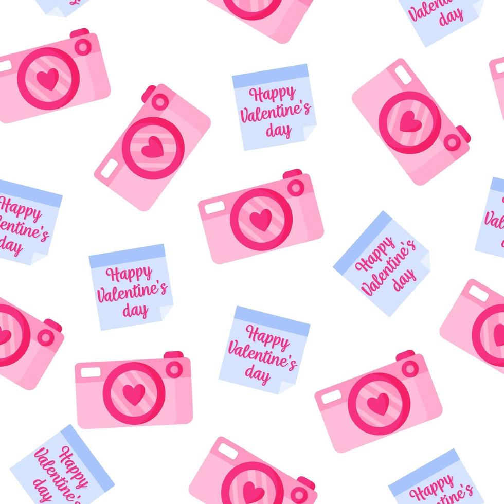 Seamless pattern of camera and sticker with inscription for the wedding or Valentine's Day. vector