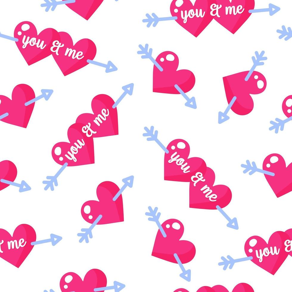 Seamless pattern of hearts with inscriptions and cupid arrows for the wedding or Valentine's Day. vector