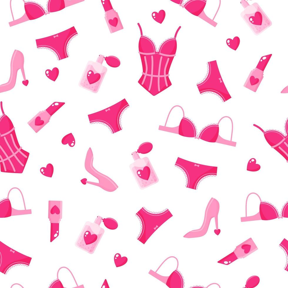 Seamless pattern of lingerie, lipstick, heels, perfume and hearts for the wedding or Valentine's Day. vector