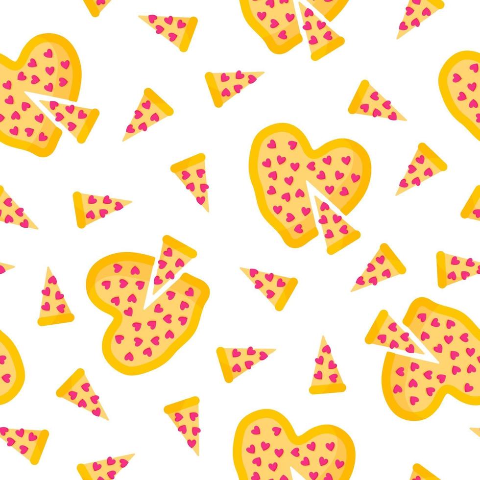 Seamless pattern of heart shaped pizza for the wedding or Valentine's Day. vector