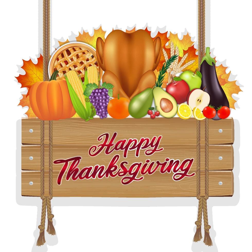 happy thanksgiving celebration poster banner with foods and fruits vector