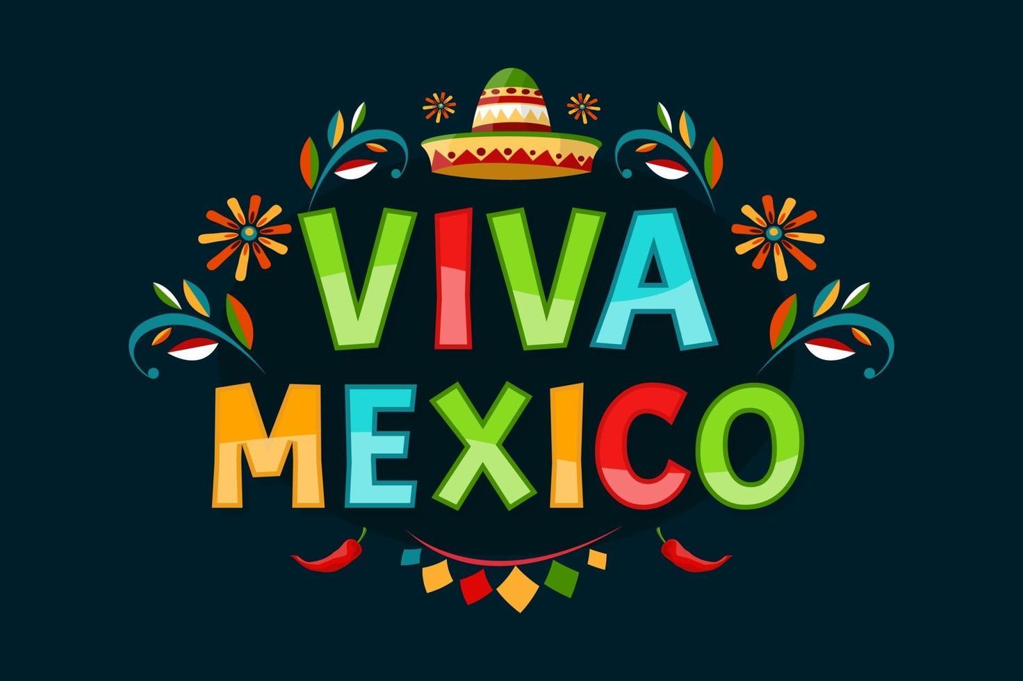 Viva Mexico. Poster with grunge texture. Chili peppers and sombrero. Cartoon style. Vector banner.