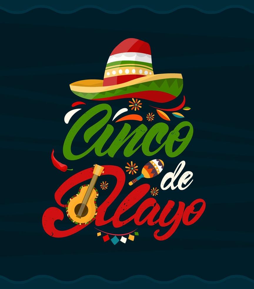 Cinco de mayo. May 5 holiday in Mexico. Poster with grunge texture. Guitar and sombrero. Vector