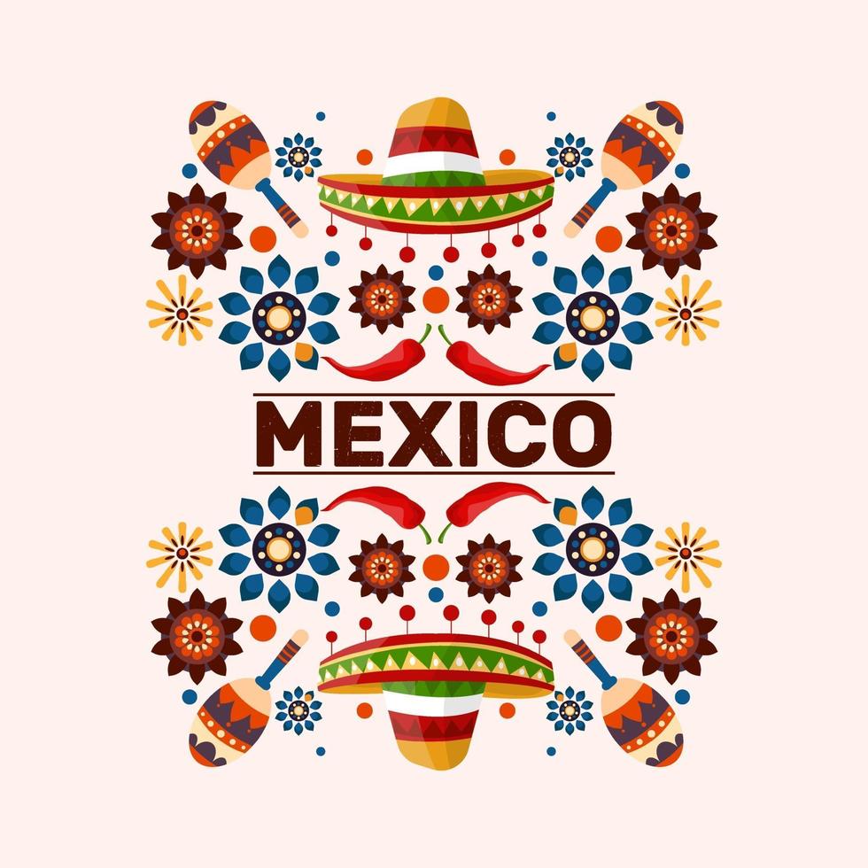 Mexico poster with traditional illustration. Folk. Sombrero, pepper vector