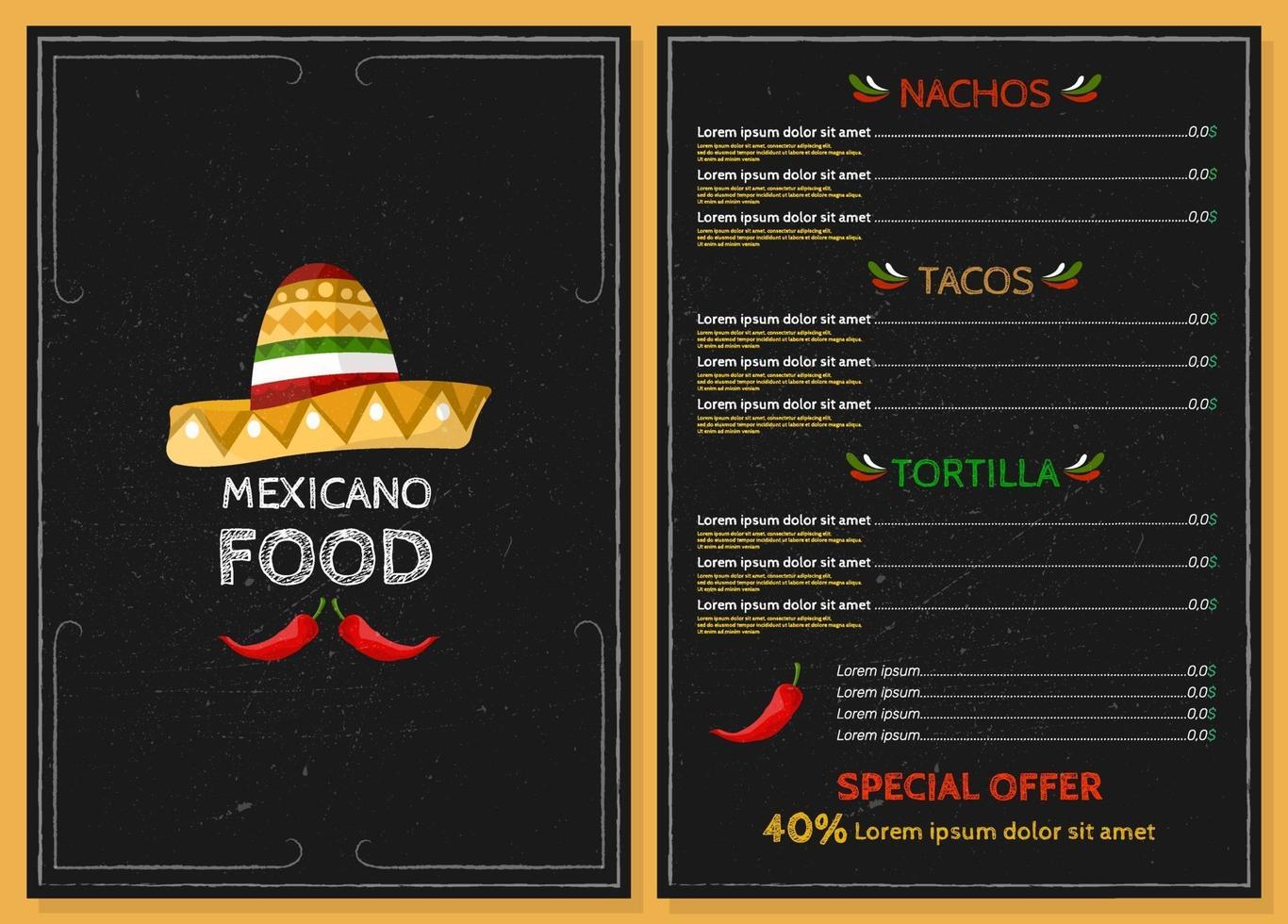 comida de menú mexicano. nachos, tacos, tortilla. vector