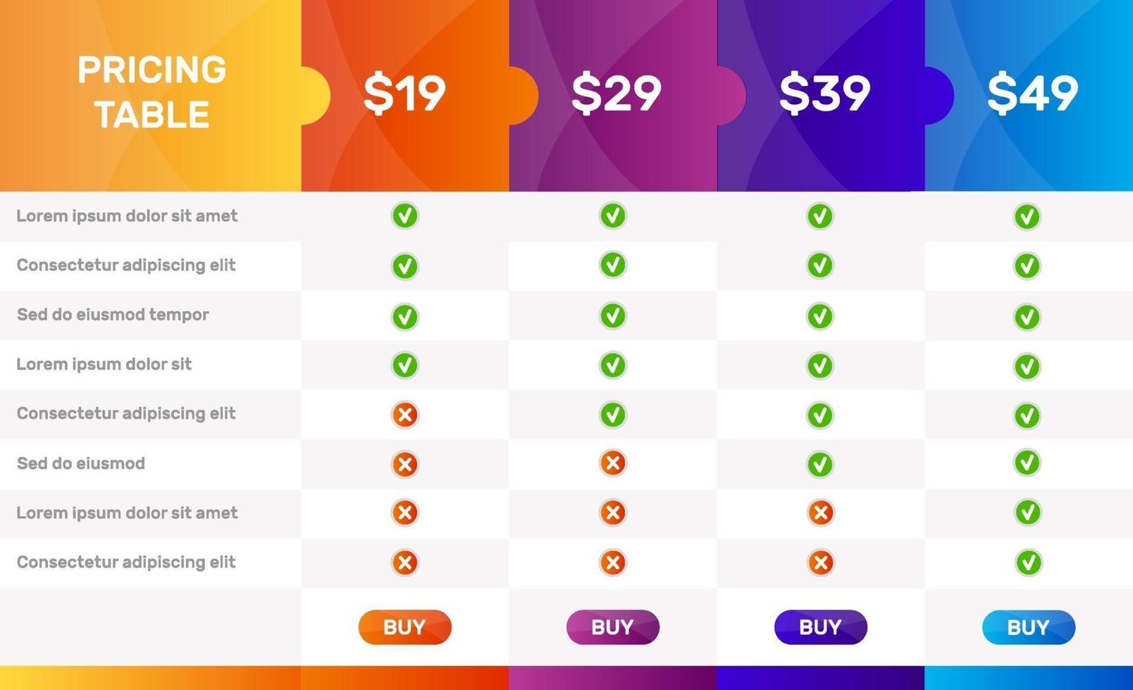 Pricing table design. Table price comparison. Blocks purchases for comparing tariff plans. Vector illustration design