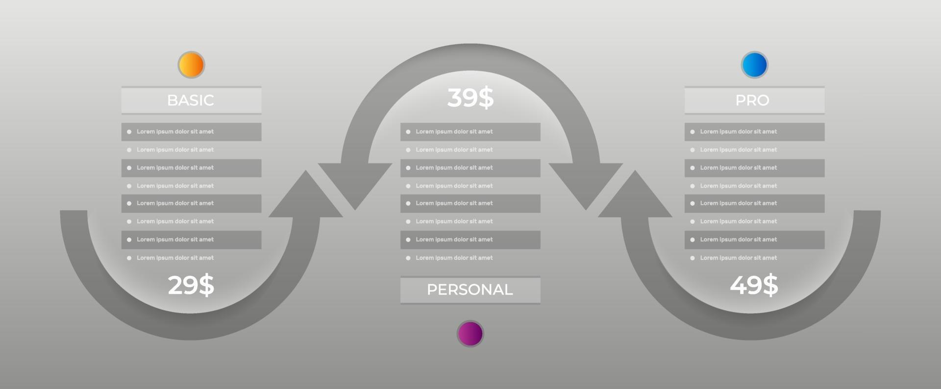 Pricing table design with arrows. Vector price plan