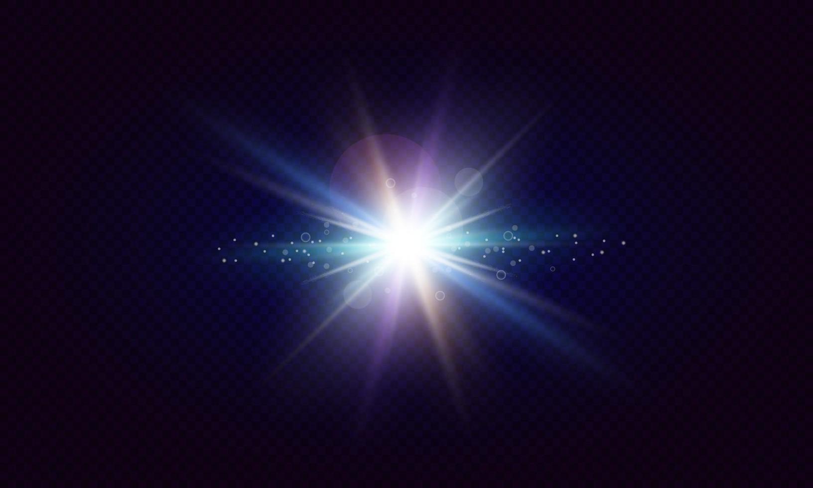 Glowing lens flares. Flash with colorful twinkle effect. Realistic light with rays. Vector illustration.