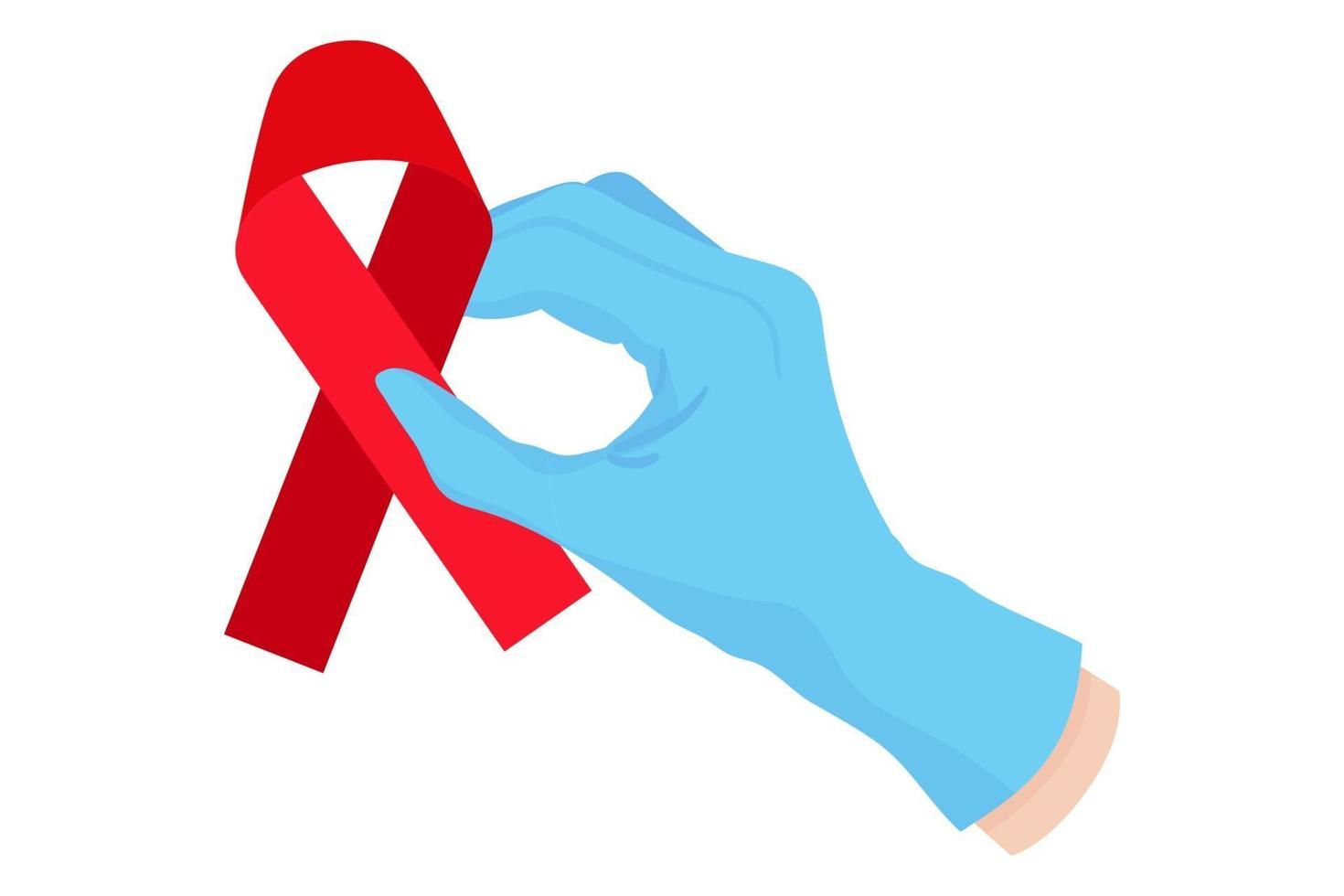 Vector cartoon illustration of a doctor's hand in a blue glove holding a red ribbon.