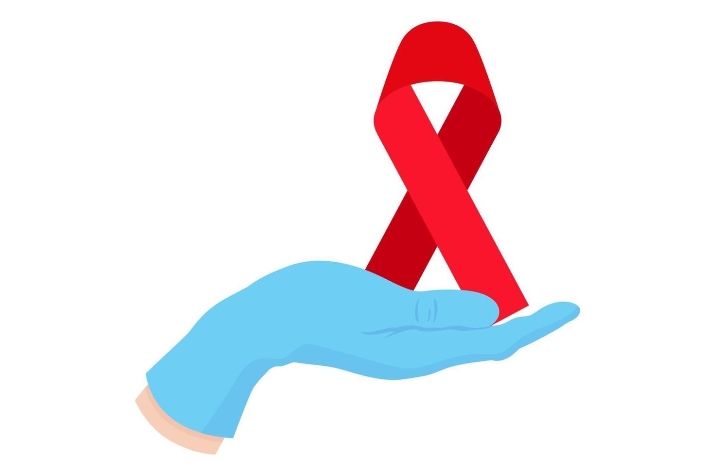 Vector cartoon illustration of a doctor's hand in a blue glove holding a red ribbon.