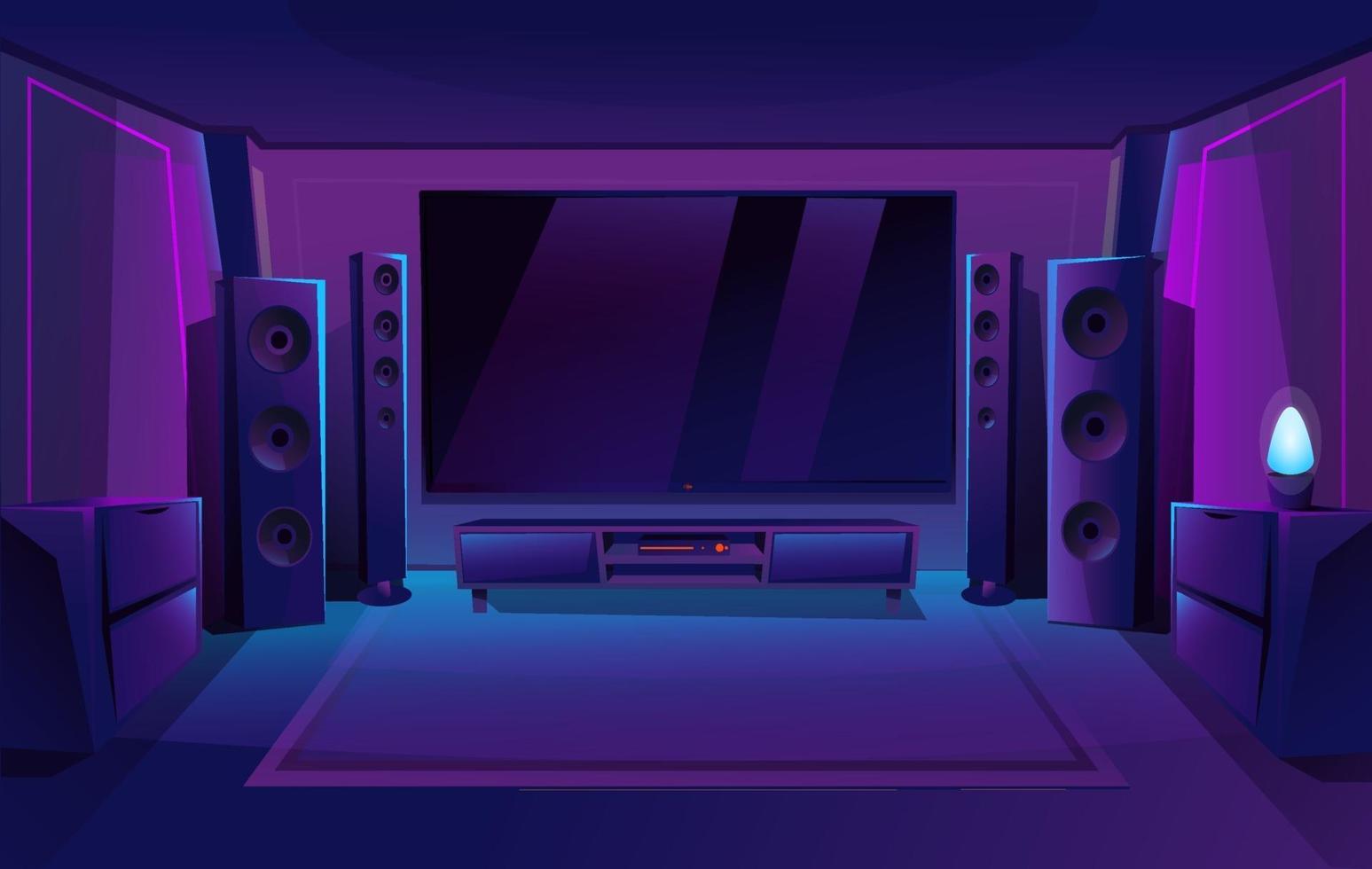 Home theater with big music speakers. Game room interior. Night apartment. Big TV screen. Vector illustration.