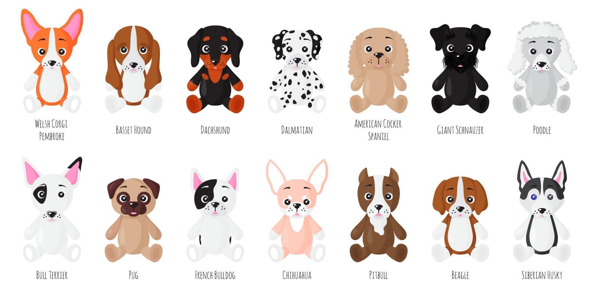 Vector cartoon set of sitting dogs of different breeds.