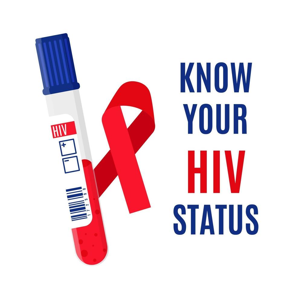 Vector banner with a red ribbon, a test tube with a blood test for HIV and an inscription. Know your HIV status.