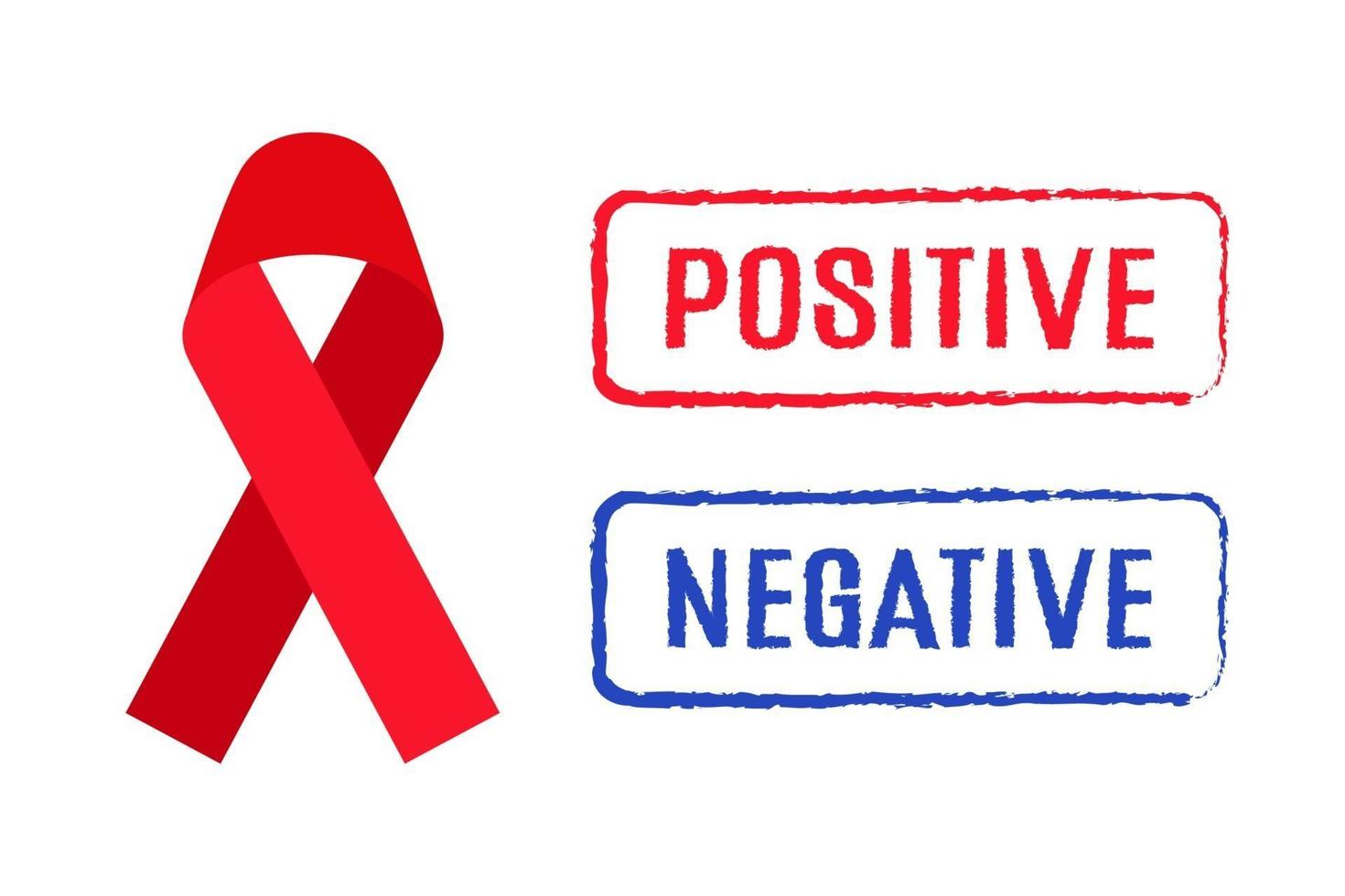 Vector cartoon red ribbon and positive and negative signets of HIV test result. December 1 is the World AIDS Day.