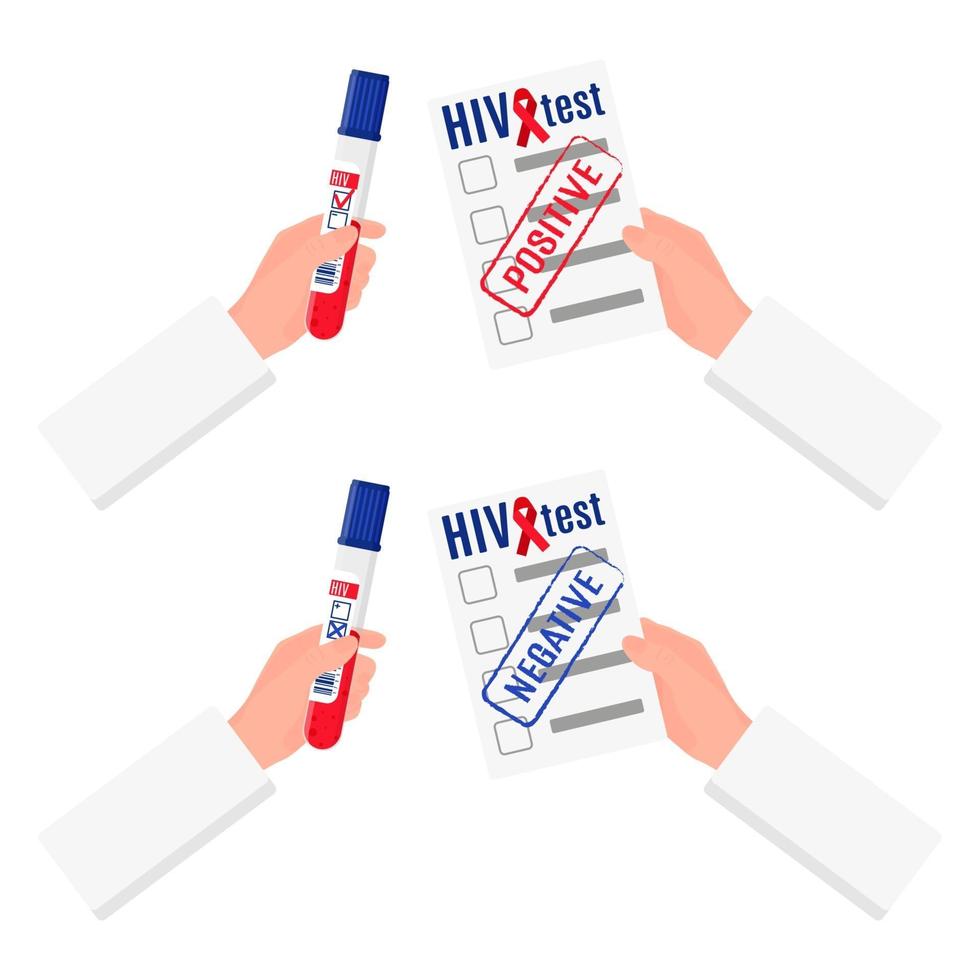 Vector illustration of the hands of a doctor who holds a test tube with a blood test for HIV and a result forms.