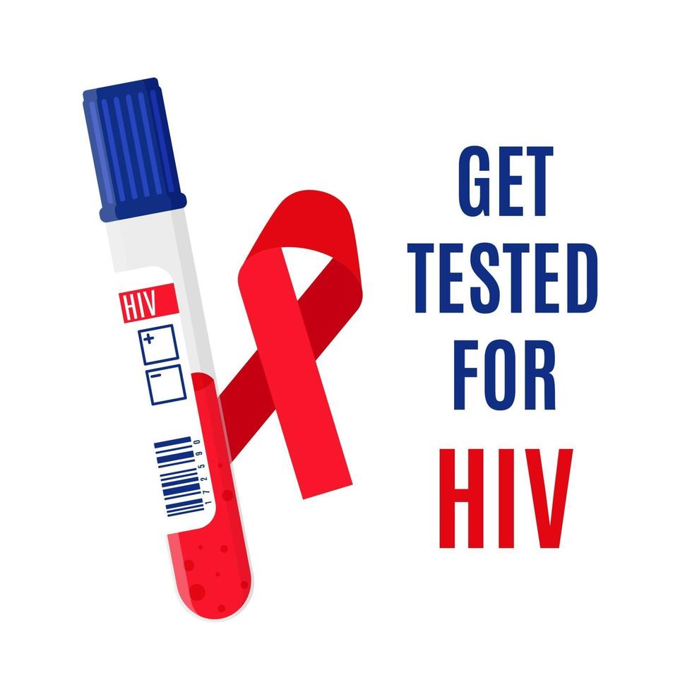 Vector banner with a red ribbon, a test tube with a blood test for HIV and an inscription. Get tested for HIV.