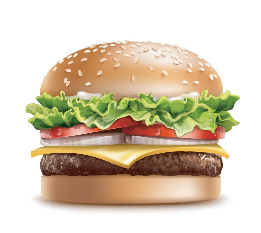 Realistic Detailed 3d Tasty Big Burger Include of Meat, Bread, Lettuce and Tomato. Vector EPS 10