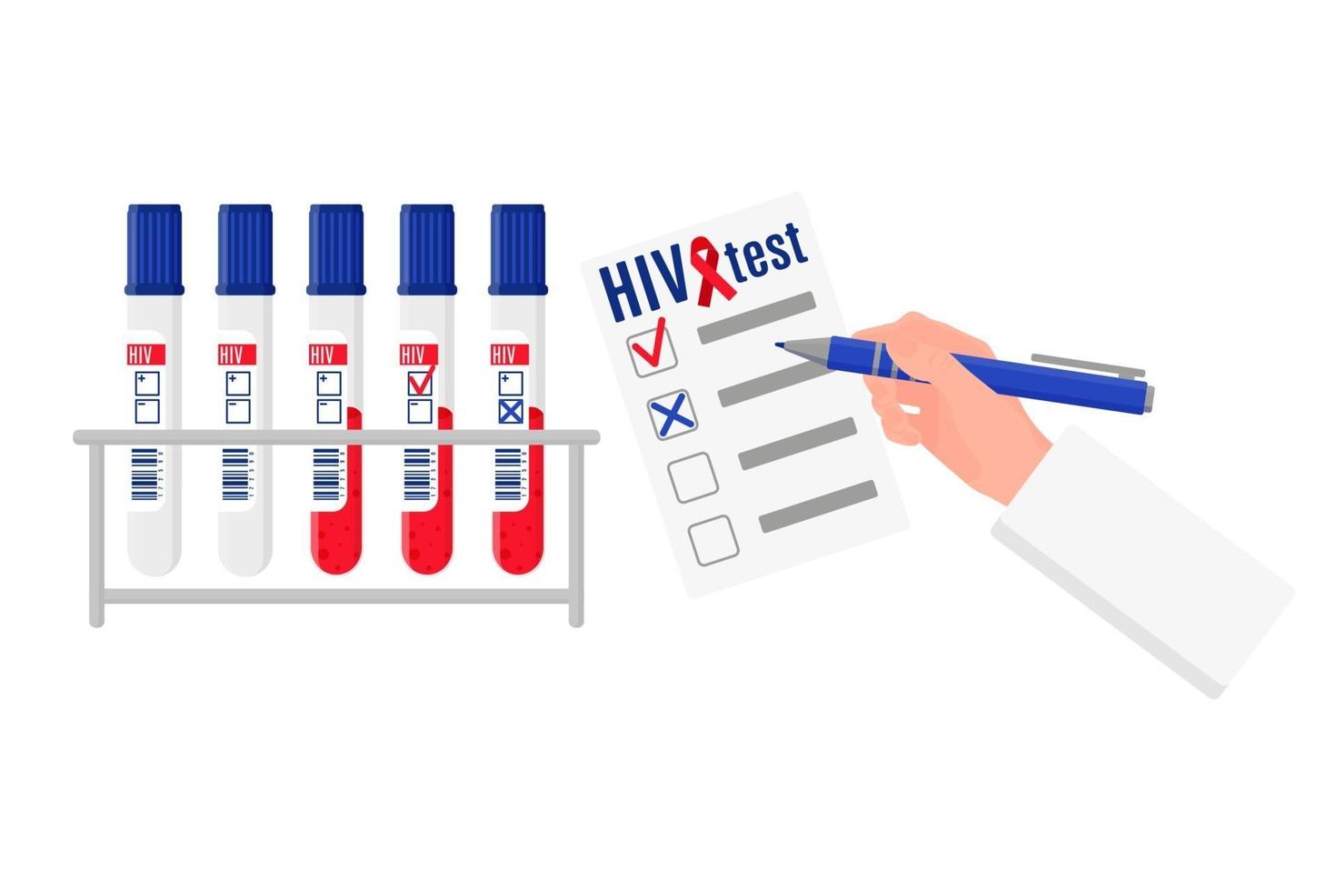 Vector cartoon illustration with stand and test tubes with blood test for HIV and blank with results. World AIDS Day.