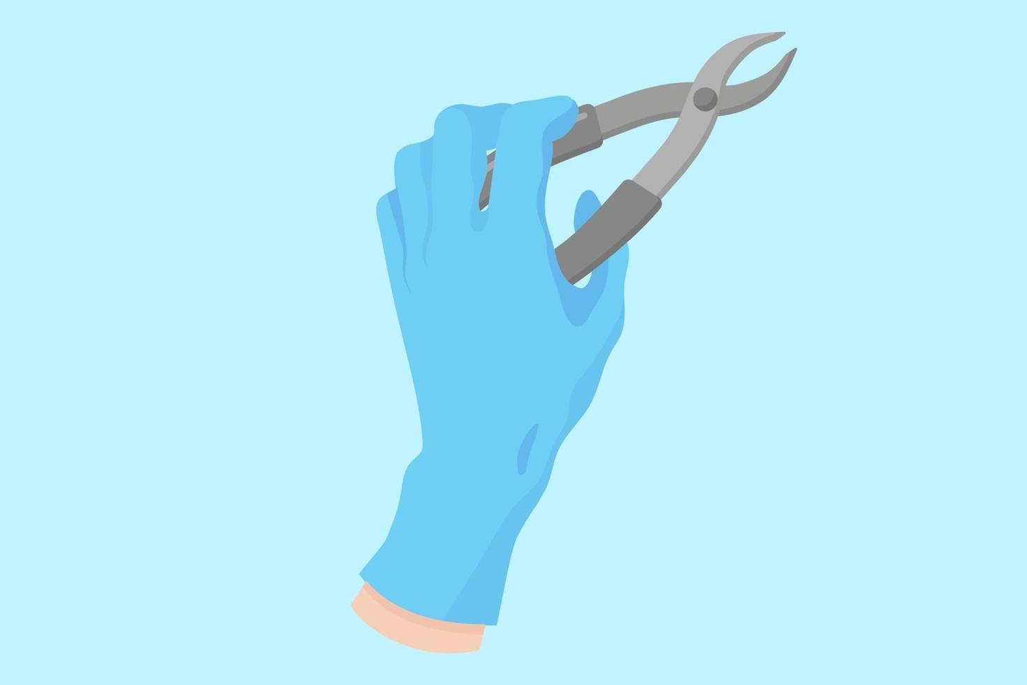 vector de dibujos animados de la mano de un dentista en un guante azul que sostiene un instrumento dental fórceps de extracción de dientes.