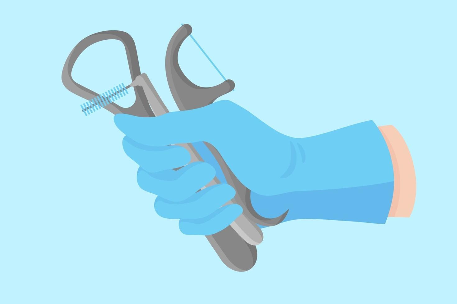 Vector cartoon hand of a dentist in a blue glove that hold a dental instruments tongue scraper and various floss.