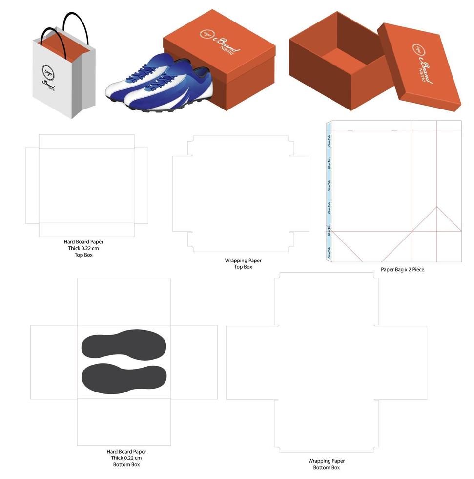 caja de zapatos y plantilla troquelada de embalaje de bolsas. vector