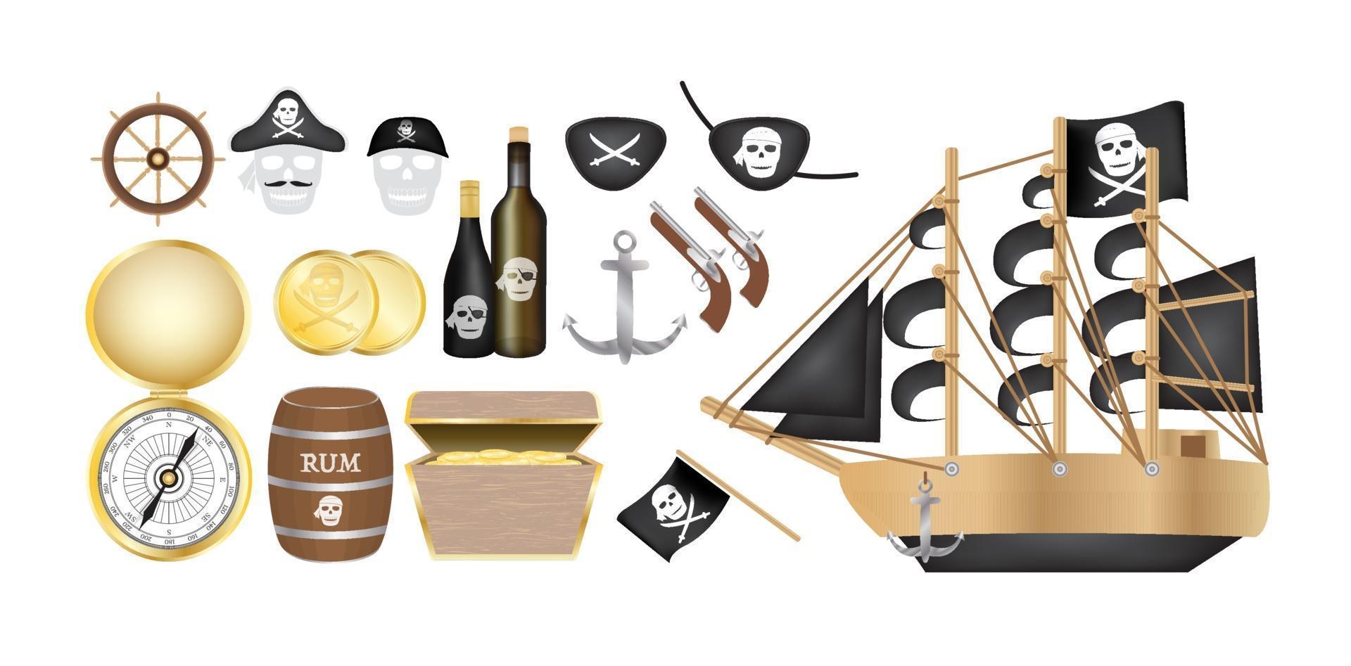 pirate ship with pirate compass, gold coin, rum barrel, treasure box, flag, gun and eye patch vector