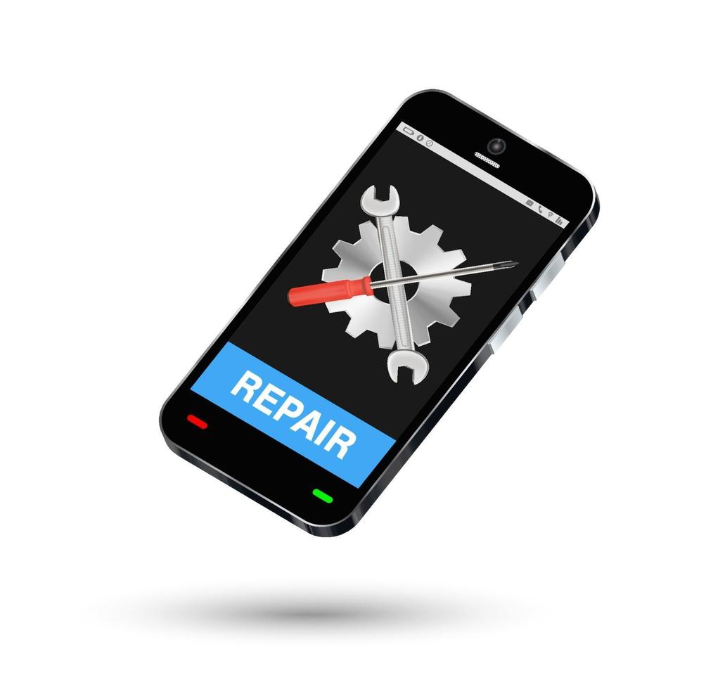 smartphone with setting logo on screen and repair button vector