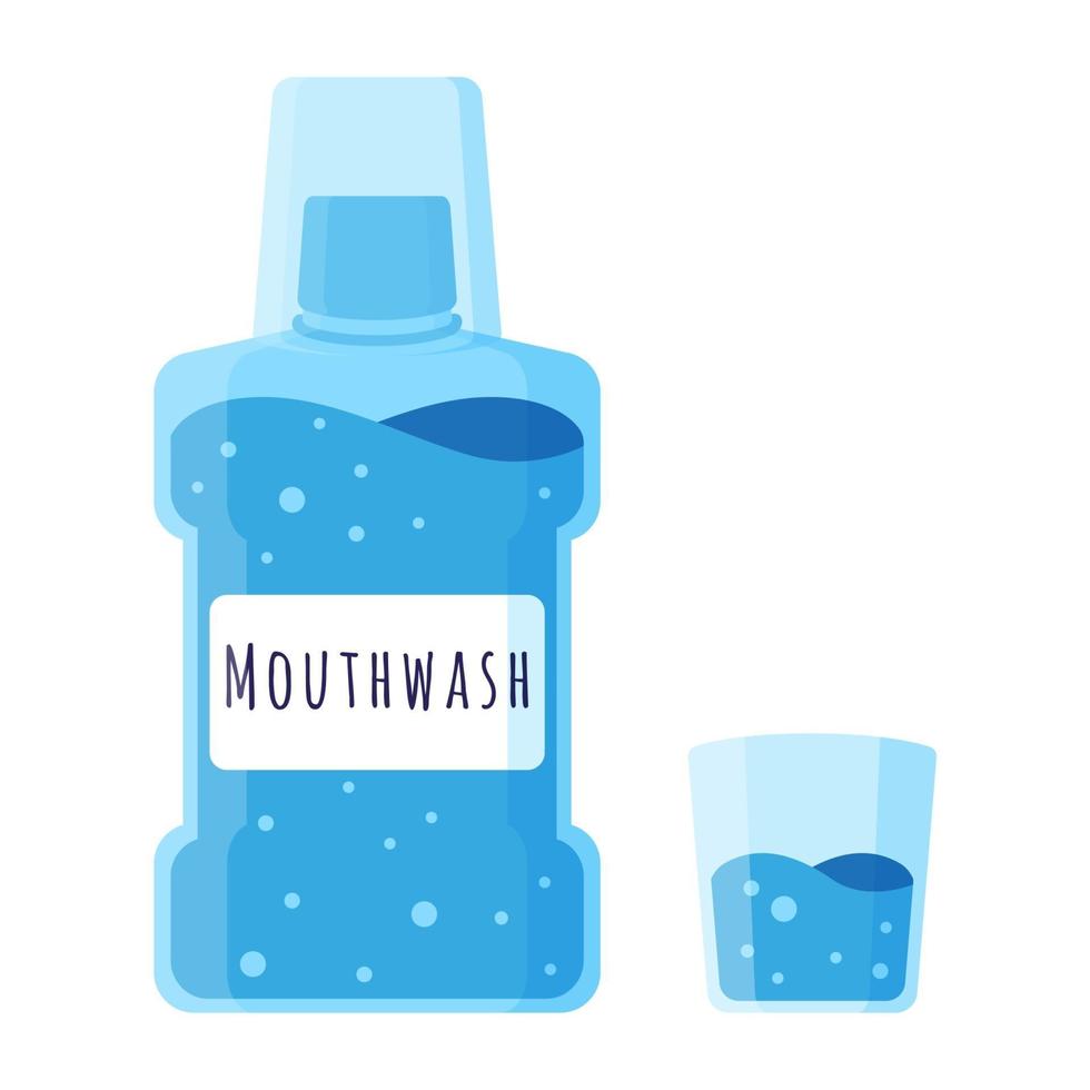 Vector cartoon illustration of mouthwash and glass isolated on white background.