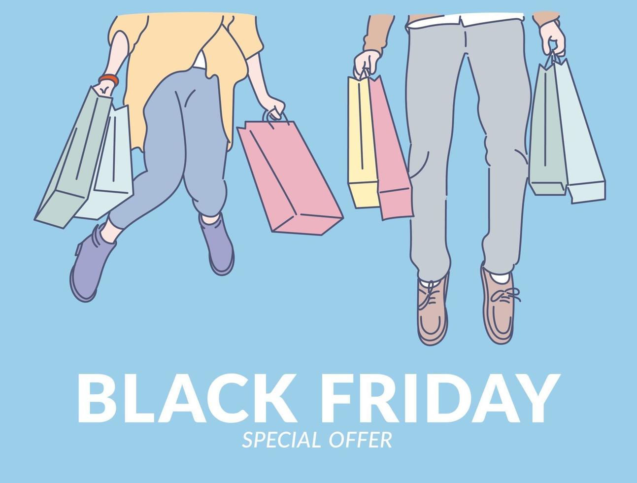 Black Friday banner concept. Young cheerful couple jumping with happiness on black friday from good shopping vector