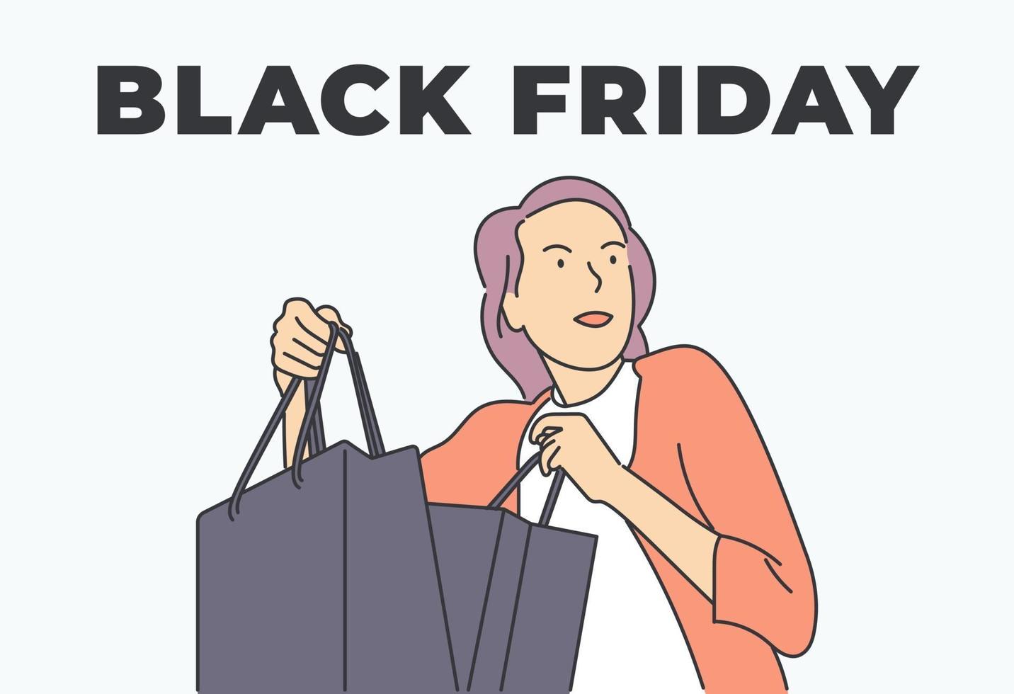 Black Friday banner concept. Young woman buyer or consumer. Customer character choosing products in shop while holding bag vector